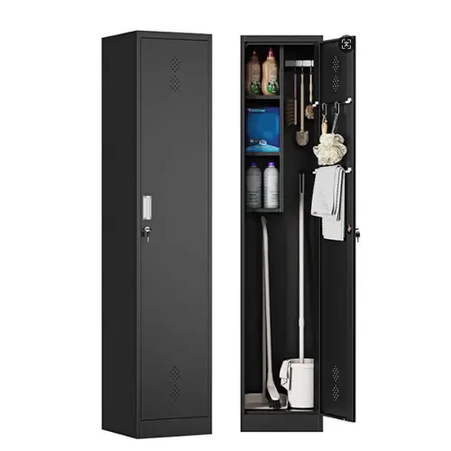 Letaya Metal Build Lockable Powder Coated Broom & Mop Storage Cabinet, Cleaning Tools Organizer for Laundry Room, Garage, Lockable Cabinet, Powder Coated Cabinets