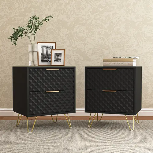 spaco 2-Piece Modern Nightstand Set, Bedside Table Cabinet with 2 Rhombus-Shaped Decor Drawers, Gold Legs & Handles, Wood Accents Bedroom Storage End Table, White, Modern Bedside Table
