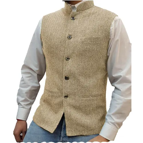 Men's Red Herringbone Vest, Slim Fit High Collar Waistcoat in a Polyester Blend, Business Casual Formal Wear for Weddings, Menswear, Matching, Shirt