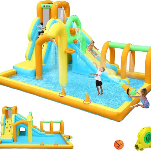 JOYMOR 10-in-1 Inflatable Water Slide Bounce House w/Water Bucket, Tunnel, Water Cannon, Basketball Hoop, 1min Blow Up Water Slide (Include Air Blower), Backyard Water Slide Park for Kids 3-10Y