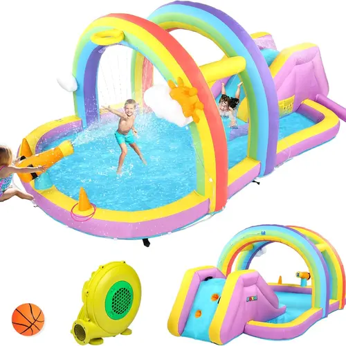 JOYMOR Inflatable Water Slide w/Climbing Wall, Water Cannon, Basketball Hoop, Kids Water Slide Bounce House w/Arch Sprinklers, 30s Blow Up Water Slide for Kids Backyard Party (Air Blower Included)