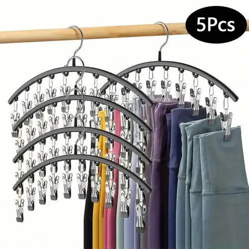 Steel Closet Leggings Organiser - 5-Pack Clothes Hanger Rack for Closet Organization, 50 Rubber-Coated Clips Holds 50 Pairs of Leggings, Yoga Pants & Scarves, Space-Saving Wall-Mountable Home Organizer (Black)