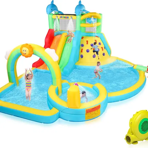 JOYMOR Inflatable Water Slide Bounce House w/Water Bucket, Climbing Wall, Pool, Rainbow Sprinklers, 1min Blow Up Water Slide 10-in-1 for Kids w/Strong Blower, Carrying Bag