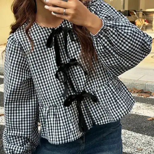 Women's Plaid Print Blouse, Casual Bishop Sleeve, Casual Long Sleeve Top for Fall, Women's Clothing for Daily Wear, Boho Casual Top, Bohemian Fitted Top, Boho Style Blouse, Boho Style Shirt