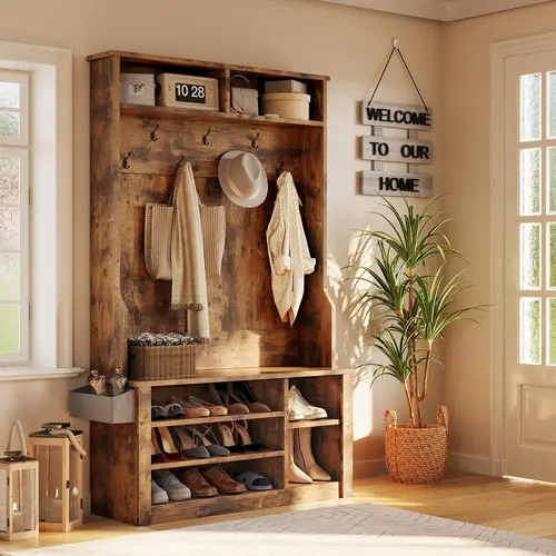 Gizoon 5-in-1 Rustic Brown Entryway Hall Tree Furniture - Sturdy Wood Hall Tree with Bench, Coat Rack, Adjustable Shoe Holder, 2-Tier Top Storage, for Hallway, Bedroom (Casual Style)