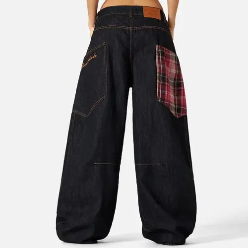 AELFRIC EDEN Men's Preppy Retro Super Baggy Wide Leg Denim Jeans - Unisex Vintage Check Plaid Patchwork Big Pocket Bottom Clothes with Comfortable Fabric Fit, Casual Style Pants, Baggy Pants, Fashion Apparel, Twist, Halloween, Cute, Embroidery, Baggy Jean