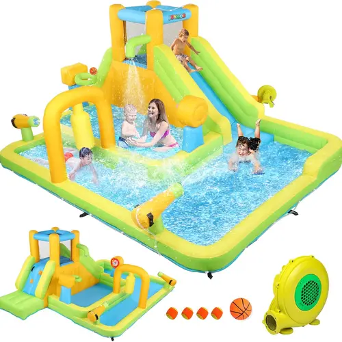 JOYMOR Inflatable Water Slide Park w/ 83x40 in Deep Swimming Pool, Shower Spray, Sticky Ball, Climbing Wall, Water Slides Inflatables for Kids and Adults Backyard Outdoor Fun (Air Blower Included)