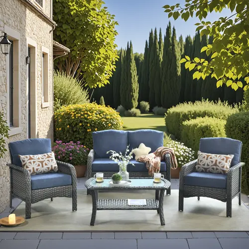 XIZZI 4 PCS Patio Furniture Sets Outdoor Wicker Conversation Couch with 1 Coffee Table 2 Chairs & 1 All Weather High Back PE Rattan Sofa Comfy Cushions for Gatherings Parties