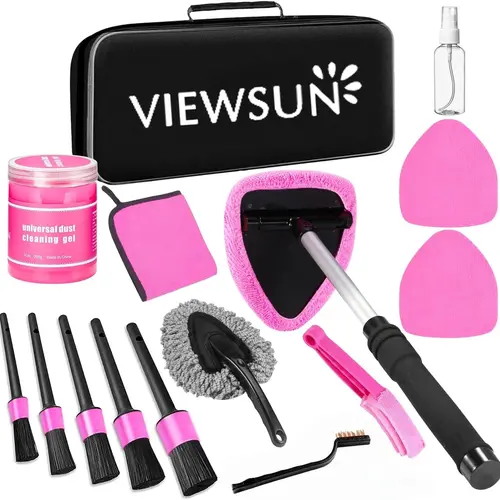 【TikTokShopBackToSchool】Viewsun 17-Piece Pink Car Interior Cleaning Kit - Detailing Brush Set, Microfiber Kit, Cleaning Gel, Windshield Cleaner, Car Detailing Tools, Accessories for Women's Birthday Gift, Summervibes toolupgrade