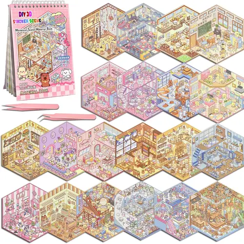 Miniature Scene Dly Sticker Book, 20 Sets DIY 3D Sticker Scene Sticker, Cute Cartoon Creative Sticker,  Make Your Own House Sticker for Scrapbooking & Journal Making, Back to School