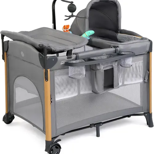 JOYMOR 7 in 1 Bedside Bassinet with Changing Table, All in One Nursery Center, Bedside Sleeper with Mattress, Sheet, Canopy, Storage Shelf and Hanging Toy
