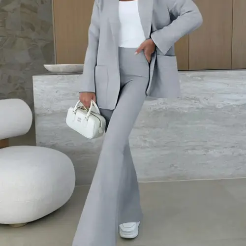 FISOEW Women's 2-Piece Minimalist Basic Gym Set - Long Sleeve Button Jacket, Wide Leg Trouser, Matching Tracksuit, Gym Training Outfit, Lightweight Loose Sportswear, Sets For Women 2 Piece