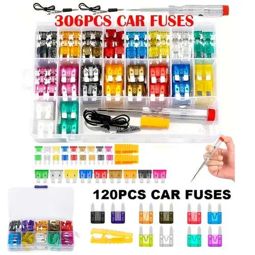 306PCS Automotive Car Blade Fuse Assortment Set - Zinc Alloy Vehicle Accessories with Colorful Plastic Pallet, Fuse Puller, Transparent Check Tool, Short Testing Tool for Cars, Snowmobile