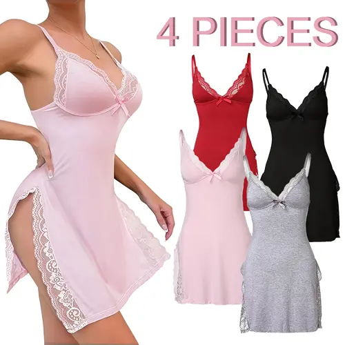Women's 2-Piece Comfortable Elegant Herringbone Spaghetti Strap Lace-Trimmed Sleeveless Matching Nightwear Set - Lady's Split-Hem Nightdress, Cozy Basics Pajamas for Loungewear