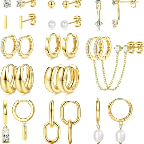 13 Pairs Small Hoop Earrings Set for Women, Gold-Plated Lightweight Hypoallergenic Huggie Hoops with Artificial Pearl Studs & Ear Cuffs, Dainty Trendy Jewelry, Earring Pack