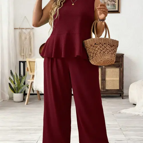 Ladies Plus Size Waist-Cinched Two-Piece Set, Solid Color Slimming Fit Sleeveless Top, Wide-Leg Pants for Summer, Lightweight, Casual, Fitted