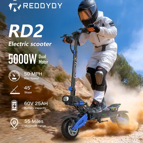 REDDYDY RD2 5000W Off-Road Electric Scooter for Adults - 50 MPH,60V 25Ah Battery,55-Mile Range,Dual Motor, 10.5" Tires,Hydraulic Brakes,Front&Rear Suspension,Foldable,Best Gift, Summer Vibes