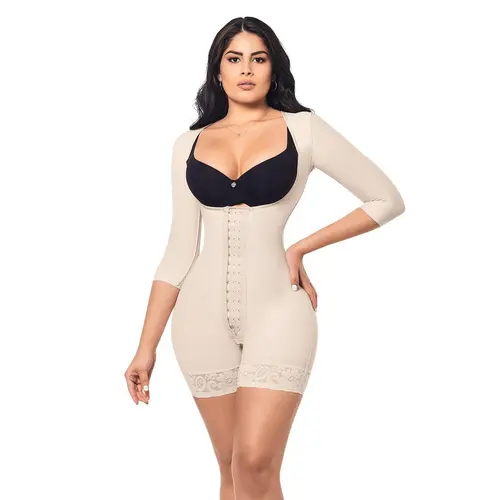 Open Bust Bodysuit Mid Thigh • Long Sleeves • 3 Compression Hook Levels • Perineal Zipper • Beige  • Black (O-015/O-215)