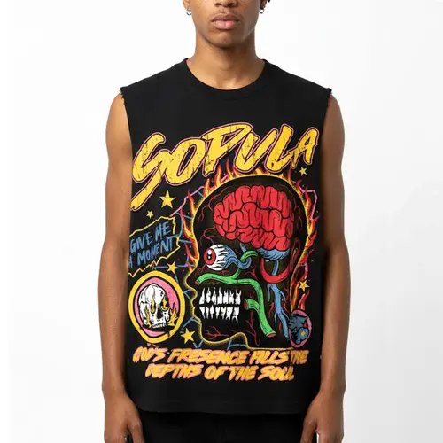 Men's Retro 100% Cotton Loose Sleeveless Top Vest, Vintage Skull Badge Print Punk Streetwear Clothing, Round Neck Summer Male Graphic Tank Top, Men's Clothing