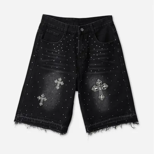 Sopula Studio Men's Rhinestone Cross Oversized Baggy Stretch Denim Shorts - Vintage Swag, Aesthetic Hip-Hop Street Style, Frayed Hem, Soft Fabric, Button-Closure