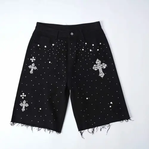 Sopula Studio Men's Hiphop Diamond-Embellished Cotton Denim Jorts - Fitted Cut, Beaded, Pockets, Casual Hiphop Street Vibe Black Bottoms, Sporty Chic, Driving/Ootd, Mensfashion, Size M