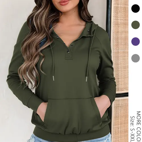 USBoutique Chic Women's Plain Half Button Raglan Sleeve Hoodie Casual Long Sleeve Drawstring Pocket Hooded Sweatshirt for Fall Ladies Clothes for Daily Wear Black Fitted Minimalist Tops