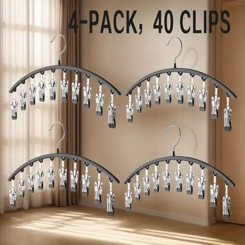 [Stainless Steel Windproof] 2/4pcs Pants Hanger Organiser, Laundry Hooks Clips Drying Rack with 10 Strong Clips, Nano Rubber Non-Slip, Lightweight Space-Saving, Windproof Hold for Closet Clothes/Underwear/Hosiery Storage