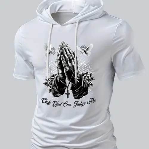 Men's Trendy Hooded Short Sleeve T-Shirt with Graphic Print, Cool Casual Comfy Summer Streetwear, American Style Casual Hoodie, Versatile Menswear, Casual Fashion Wear