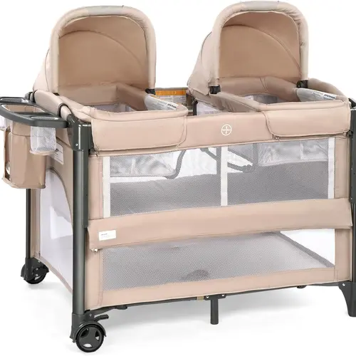 JOYMOR Twin Bassinet for Baby, Bedside Bassinet, Convertible to Bedside Sleeper & Playpen Foldable Portable Sleeping Cot with Wheels & Brake
