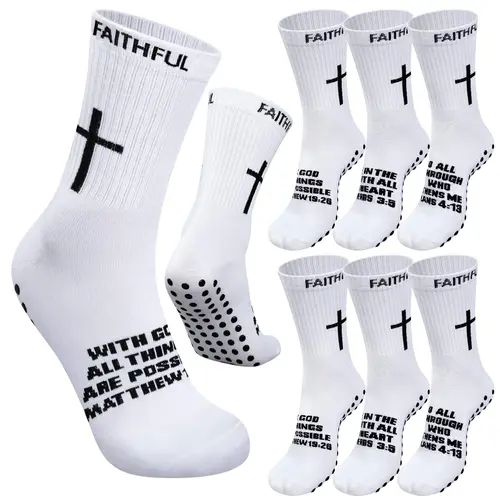 6 Pairs Anti-Slip Texture Religious Design Performance Style Sports Socks with Bible Verse Scripture Letters, Cross Grip for Youth Boys, Ideal for Soccer Training Summer-Camp Back-to-School Gift