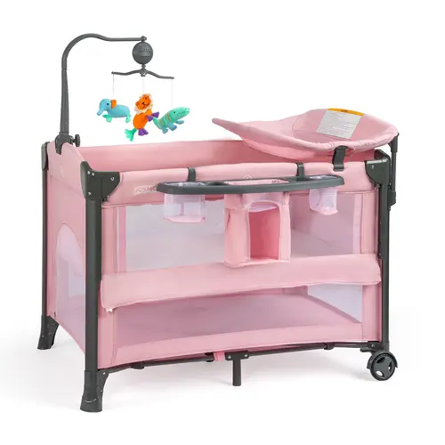 JOYMOR 5 in 1 Baby Bassinet with Changing Table, Portable Pack and Play with Bassinet, Mattress, Sheet, Toy, Wheels, Carry Bag for Boys Girls Diaper Gift