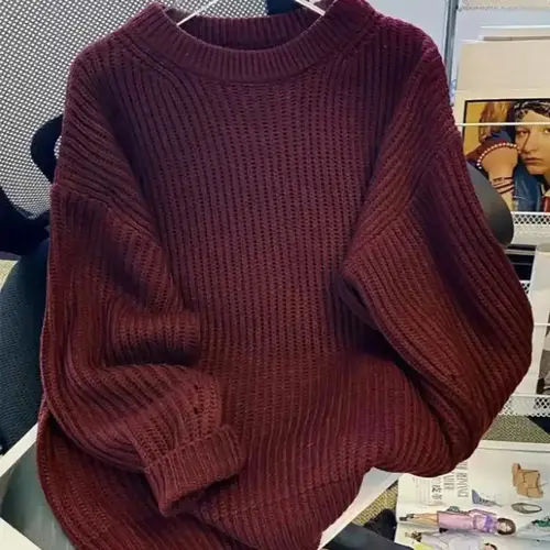 Autumn Winter Burgundy Solid Color Round Neck Sweater, Casual Loose Fit Baggy Oversized Knitwear, High-End Lazy Style Pullover, Vintage Slimming Top