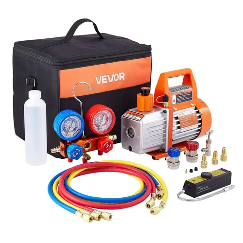 【DealsForYouDays】4 CFM 1/3 HP HVAC Single Stage Rotary Vane Vacuum Pump and Manifold Gauge Kit