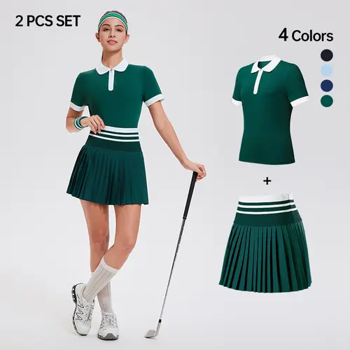 Women's 2-Piece Activewear Clothing Set - Colorblock Nylon Short/Long Sleeve Polo, High-Rise Zipper Fly Tennis Skirt, Sporty Chic for Golf & Tennis, Blue-Long Sleeve Option, Women's Clothes