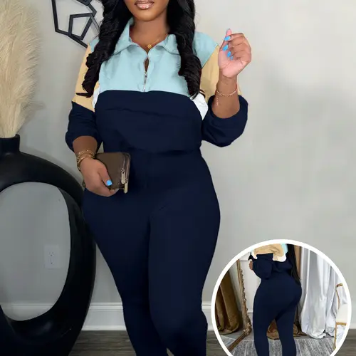 USBoutique Chic Women's Two Piece Outfits Knit Zip Top Jacket & Elastic Waistband Pant Tracksuit Sets 2-piece Pink Blue Colorblock