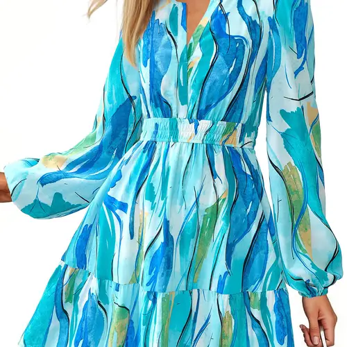 BTFBM Fall Dresses for Women  V Neck Long Sleeve Elastic Waist Boho Beach Vacation Clothes Floral Mini Summer Dress