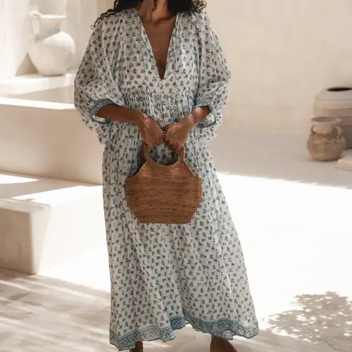 Women's Floral Print Maxi Dress, V Neck 3/4 Puff Sleeve Loose Flowy Tiered Casual Long Dress, Boho Summer Beach Dress with Lace Trim Hem
