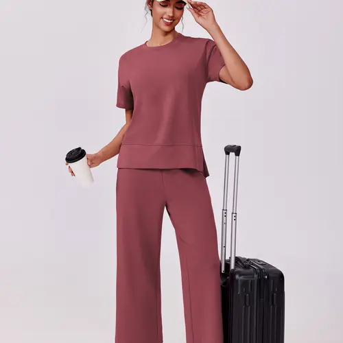 PINSPARK 2 Piece Tracksuit for Womenswear Soft Short Sleeve Outdoor Wide Adjustable Leg Pockets Pants Lounge Matching Travel Summer  2025  Springtok Outdoorfun,summerwins,travel essentials,camping essentials sohochic