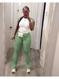 USBoutique Chic Women's Colorblock Top & Pants Two-piece Set Crew Neck Casual Fashion Fitted Cozy Breathable Outfits for Daily Outdoor Wear Ladies Summer Clothes Matching Trouser Set for Gym & Casual Wear