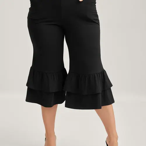 【Y2K】【Pocket Approved】BLOOMCHIC Plus Size Y2K Flare Pants With Pockets, High Waisted Stretch Black Ruffle Hem Bell Bottom Trousers, Casual Fall Outfit [M-6X]，SohoChic