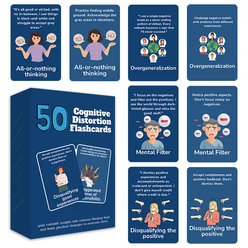 50 Cognitive Distortion Flashcards, Visual Stimulation Cards, Mind Trap Solutions, Psychological Tools, Improve Mental Health & Awareness, Portable Box