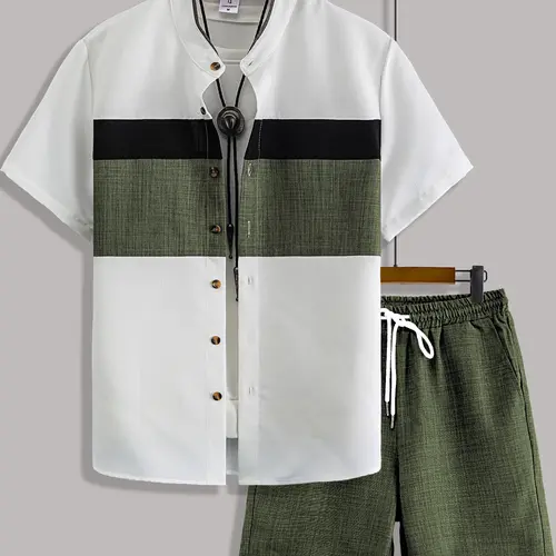 Men's Summer Classic Casual Two-Piece Matching Set, Button Up Short Sleeve Shirt and Drawstring Waist Shorts for Indoor and Outdoor Wear, Stylish and Fitted Outfit, Woven Fabric, Matching Style Set