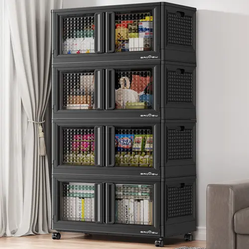 Broview V10 Lockable Organizer Bins - 100Qt/300Qt/400Qt Stackable Folding Durable Plastic Bins with Lids, Doors, Wheels, Closet Organizer Tower for Home Storage Organization