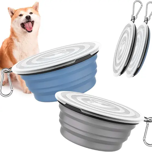 2-Pack Collapsible Silicone Dog Bowls with Lids & Carabiners, Silicone Liquid Feeder for Dogs, 1000ml Portable Food Water Bowls for Walking & Travel, Blue + Grey