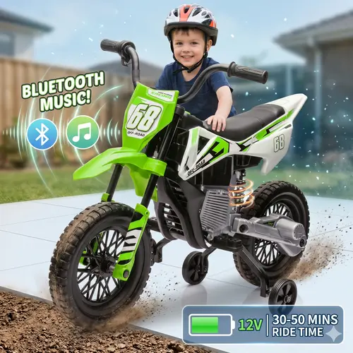 【GARVEE】12V Electric Dirt Bike with Dual 25W Motors, Twist Grip Throttle, Spring Suspension, Training Wheels, and Ride-On Toy in Green, Pink, Blue, and Red Colors