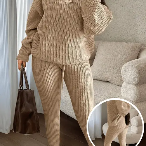 USBoutique Chic Women's Solid Drop Shoulder Sweater & Drawstring Waist Pants Two-piece Set, Fall Outfits, Casual Fashion Cozy Knitwear Set for Daily Outdoor Wear, Women's Matching Knitwear for Fall & Winter, Womenswear & Underwear, Suits