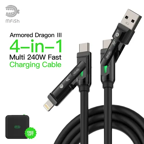 mfish Armored Dragon 3 4-in-1 Charging Cable - 240W Fast Charge, 6.6ft Liquid Silicone Alloy, Soft Silicone Grip, Case-Friendly, USB-C/Lightning, Smart LED Breathing Light, for Mobile Multi-Device Chargers, Phones, Laptops