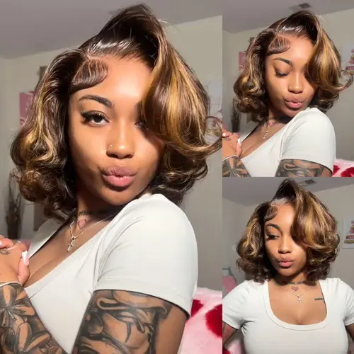 Menglle Side Part Honey Blonde Highlight 7x6 Pre Cut Lace Bouncy Body Wave Bob Wig Human Hair Wigs Natural And Voluminous Glueless Premium Human Hair#tiktokshopbacktoschool