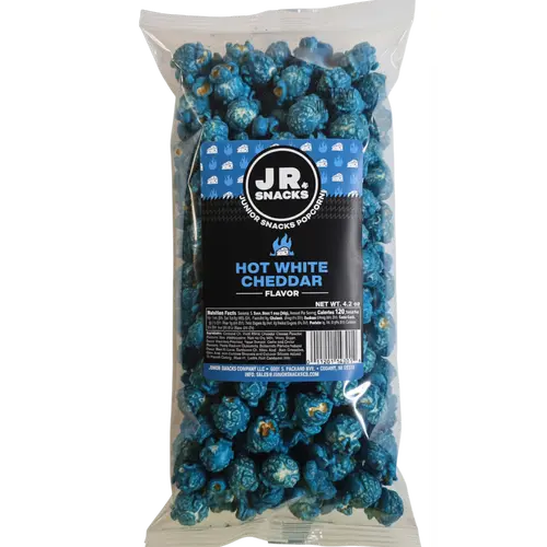 Junior Snacks Co. Hot White Cheddar; White Cheddar meets our Spicy & Salty Blue Seasoning
