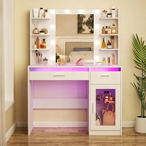 White Makeup Vanity Desk with Lighted Mirror - 3-Color Multi-Light, Transparent Top, 2 RGB Drawers, 6 Shelves, Large Tempered Cabinet, Power Outlet - Standable Mirrored RGB Makeup Vanity for Bedroom, Rgb Makeup Vanities